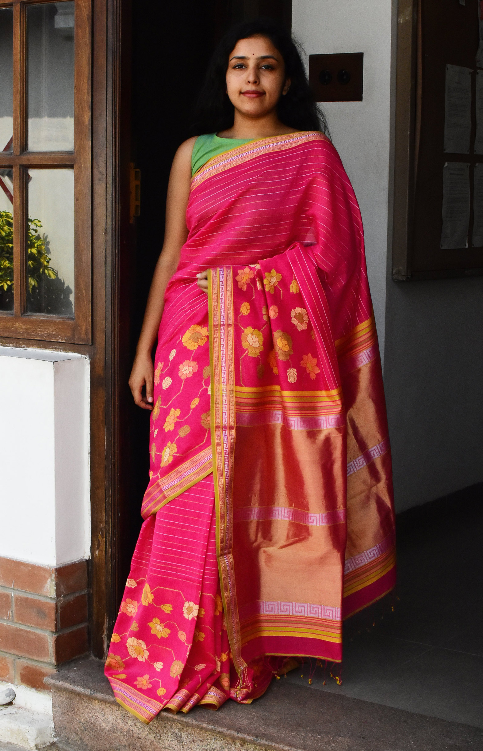 Pink, Handwoven Organic Cotton, Textured Weave , Jacquard, Handpicked, Festive Wear, Jari Saree